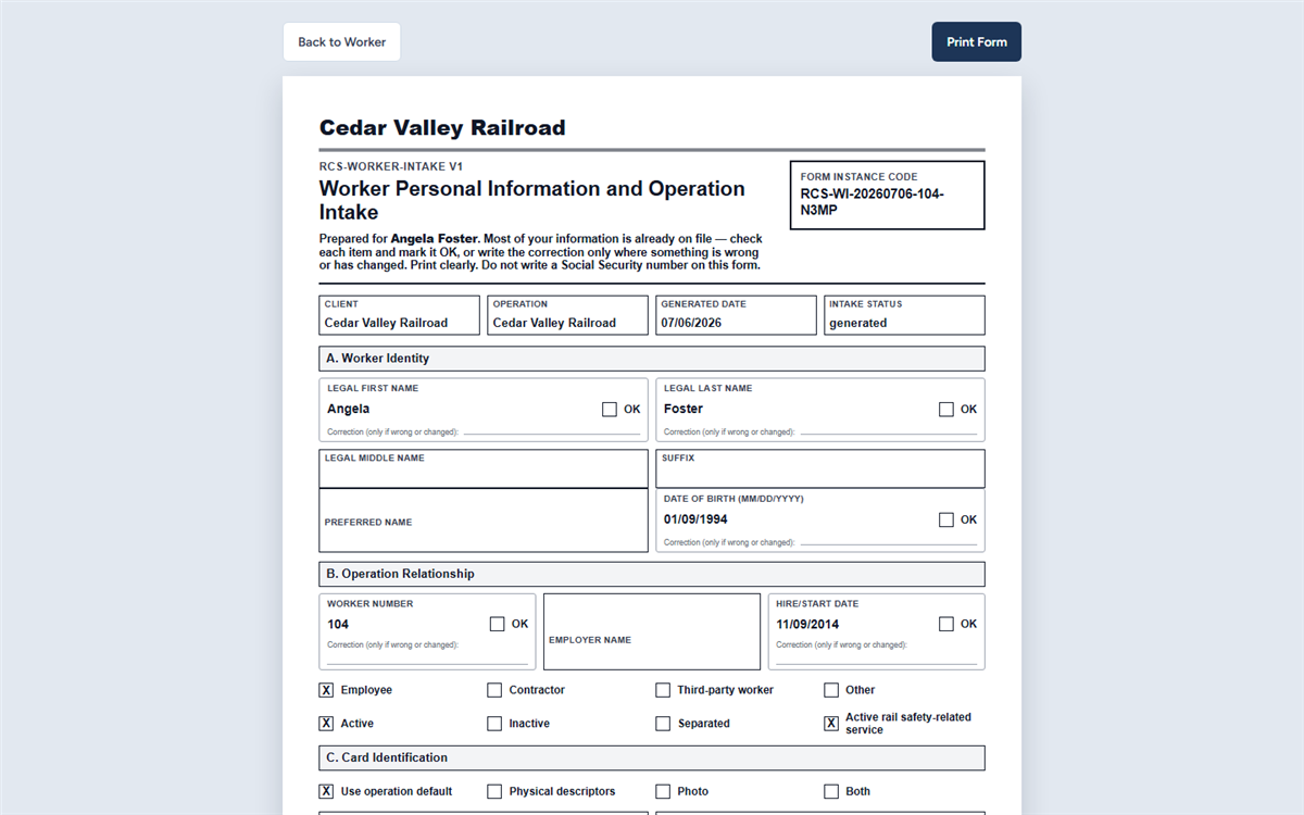 A Cedar Valley Railroad branded worker intake form, pre-filled with the worker's information on file, each value with an OK checkbox and a correction line